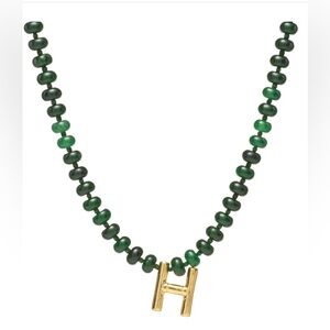 Mayamar  Gold H Initial Necklace with Dark Green Jade Beads